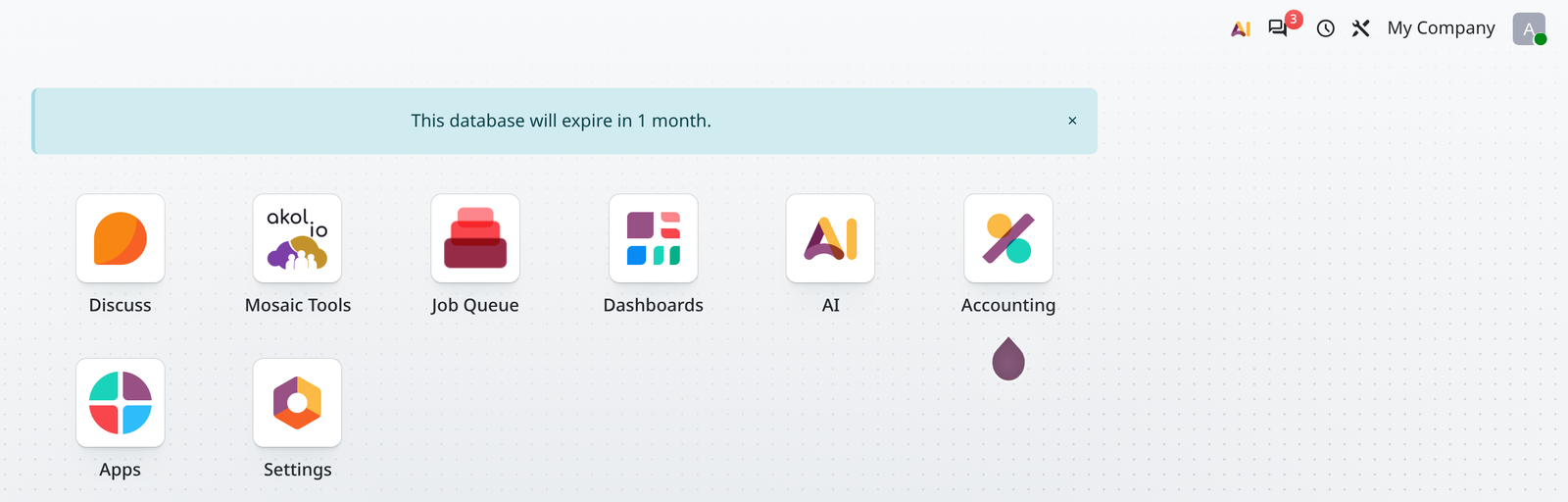 L'écran d'accueil d'Odoo avec l'application AI et le bouton Ask AI dans la barre du haut
