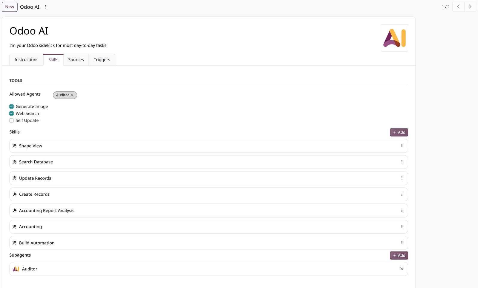La fiche de l'agent Odoo AI, onglet Skills