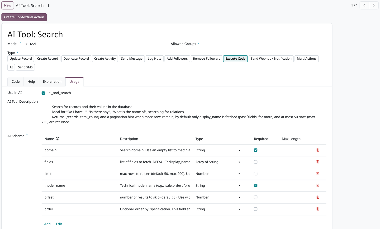 La fiche de l'outil Search, onglet Usage