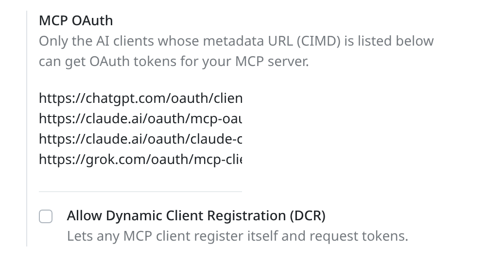 Le bloc MCP OAuth des paramètres généraux