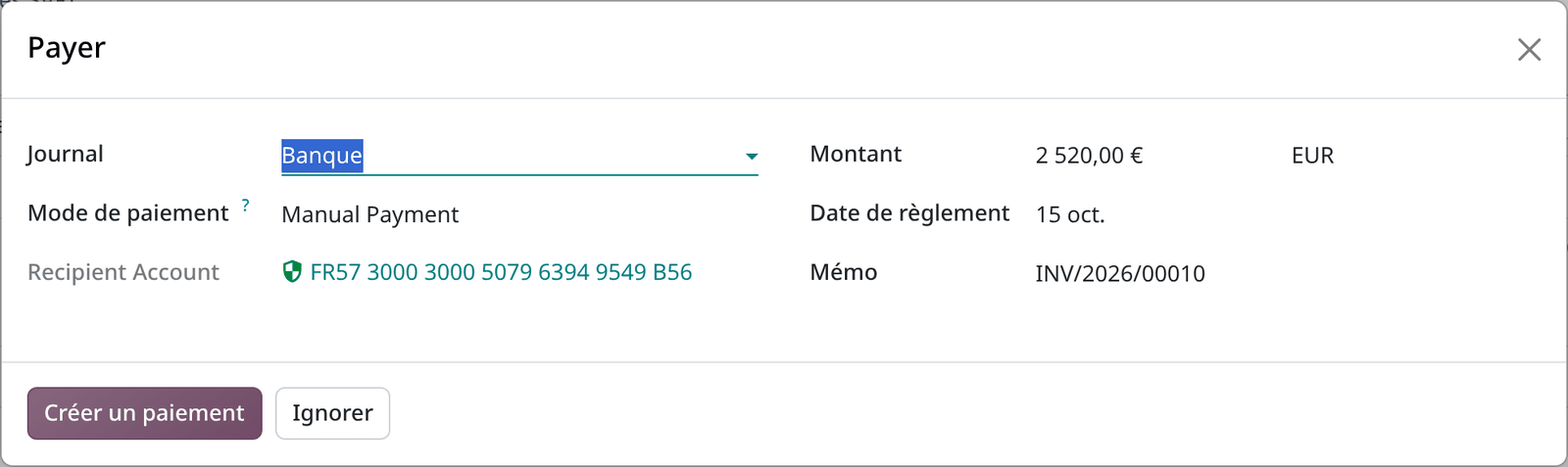 L'assistant de paiement en 20 : journal, mode, montant, et l'alerte sur ce qui est déjà payé