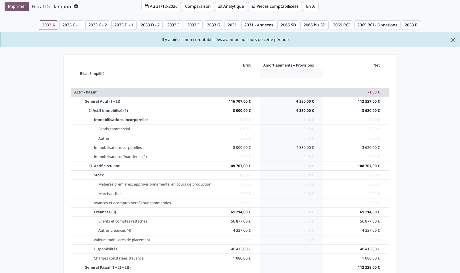La liasse fiscale de Cycles Demo, formulaire 2033 A