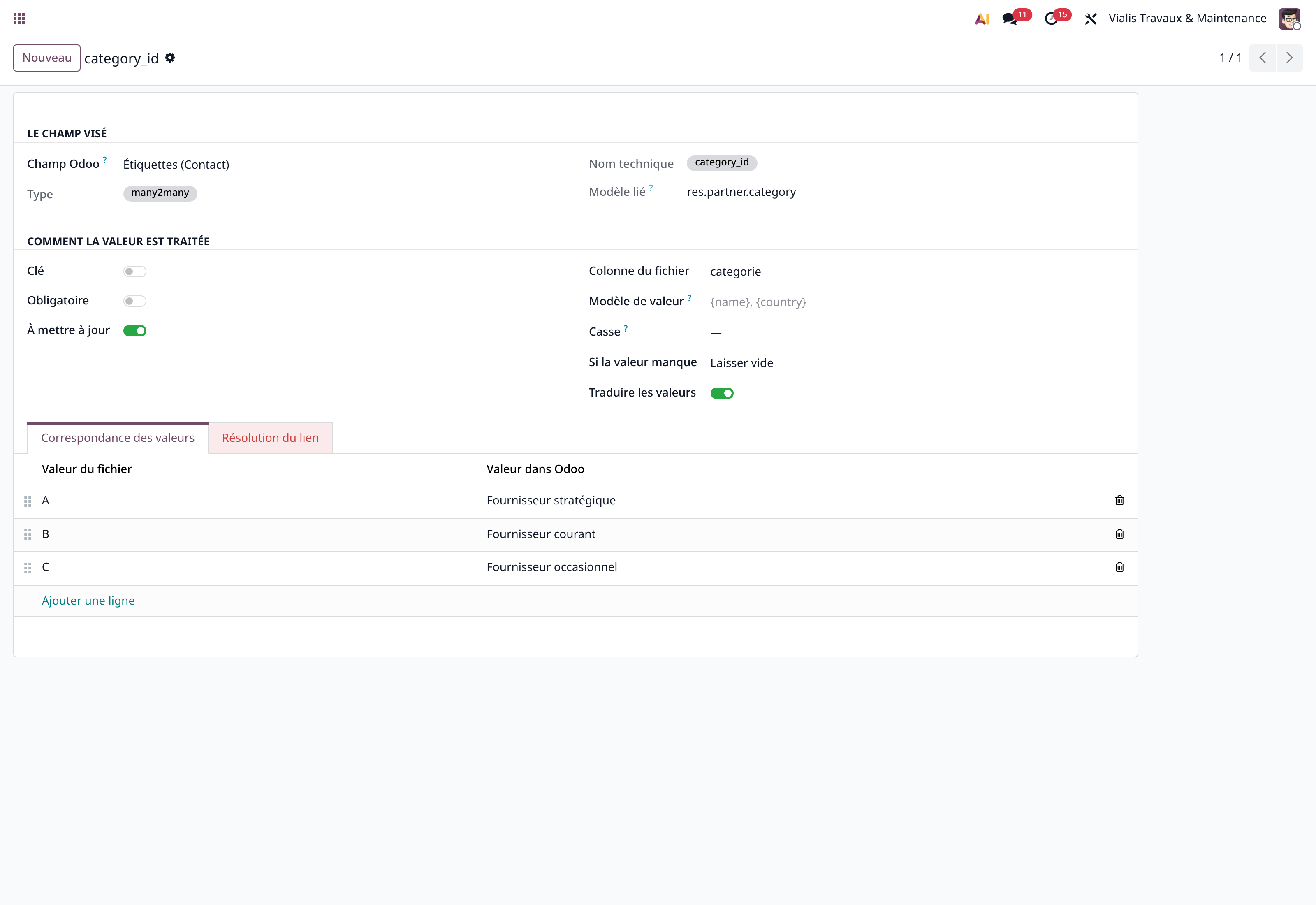 Traduisez les codes de la source vers les valeurs d'Odoo