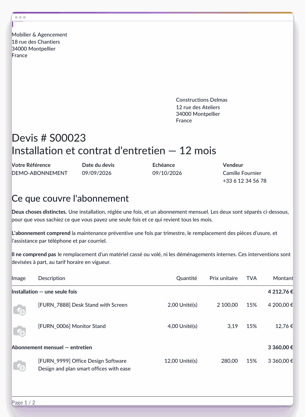 Le même devis d'abonnement en PDF