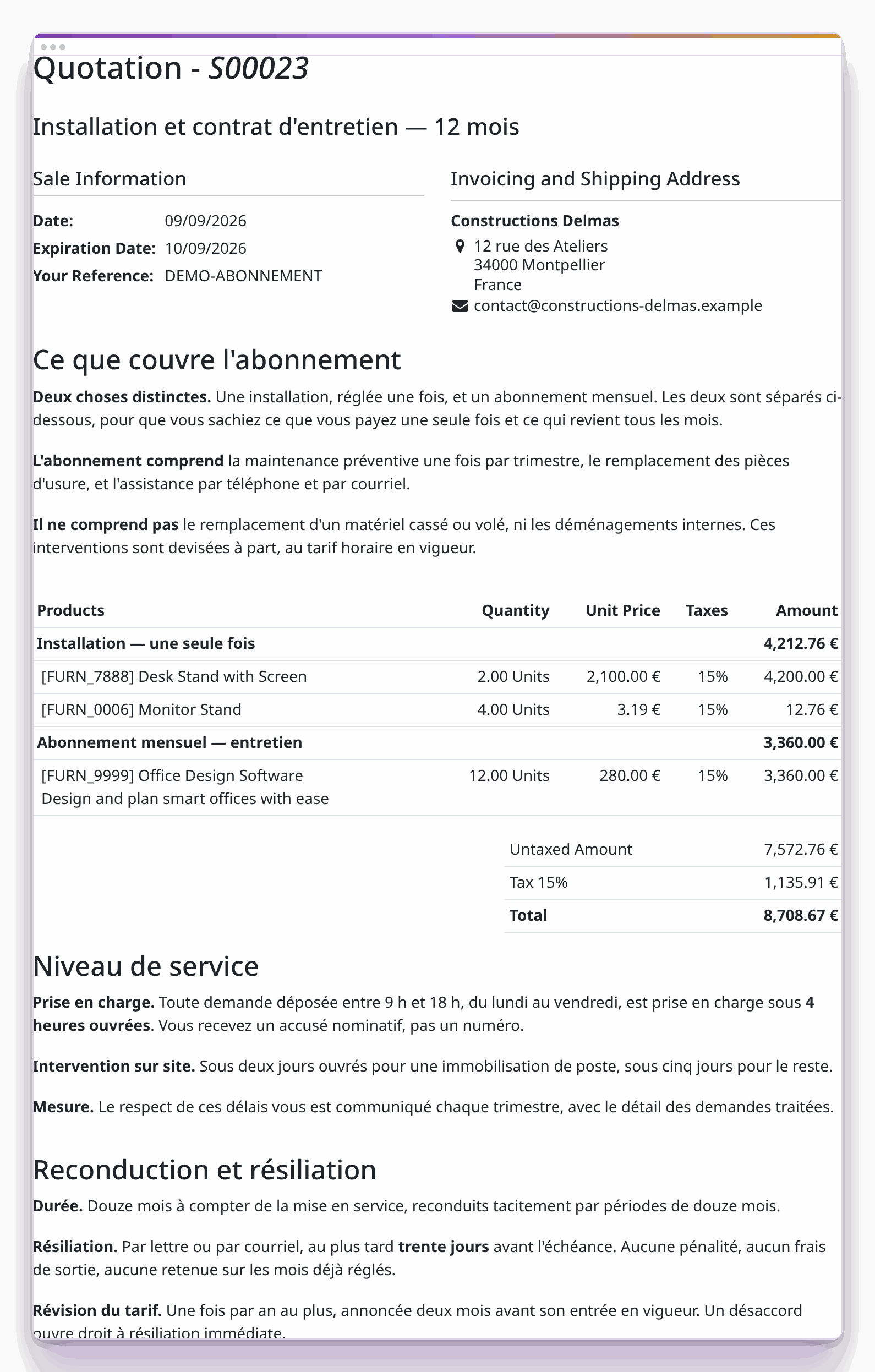 Devis d'abonnement dans l'aperçu en ligne