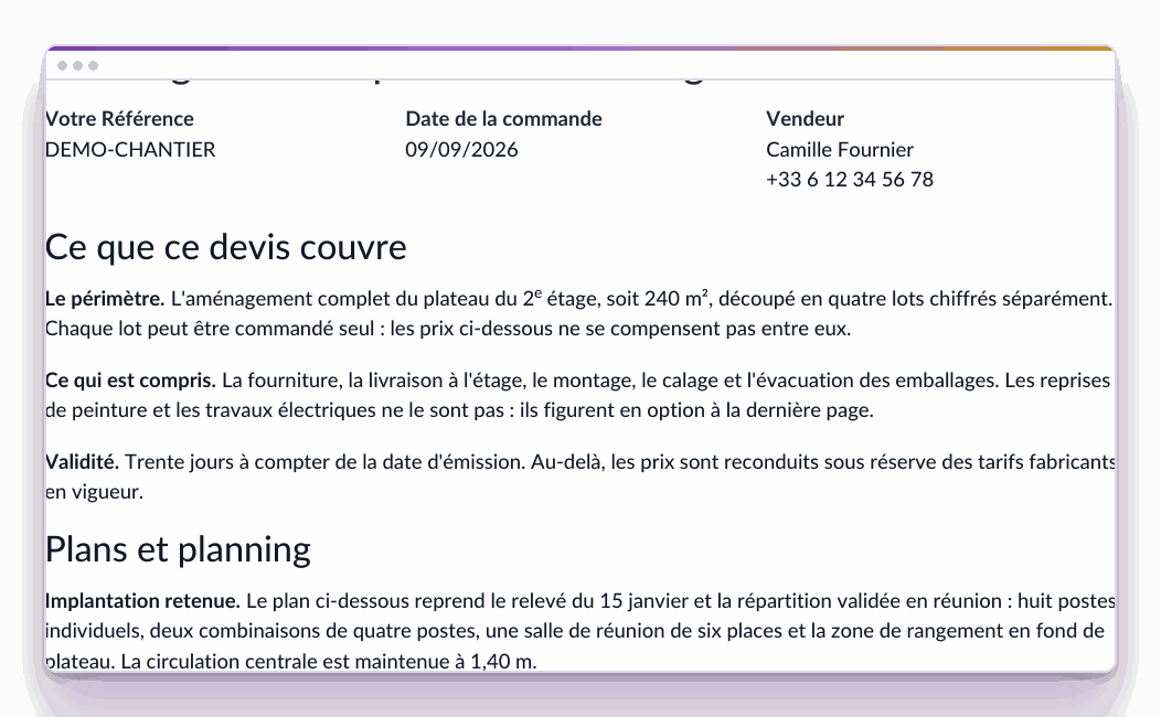 Un bloc de texte posé en tête du devis, avant le tableau