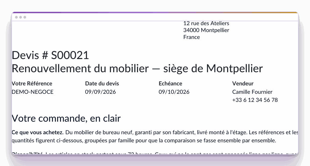 Le titre de l'affaire imprimé sous le numéro du devis