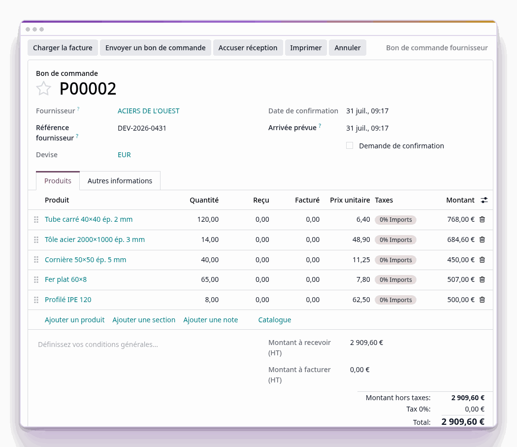 Bon de commande fournisseur avec le montant restant à facturer