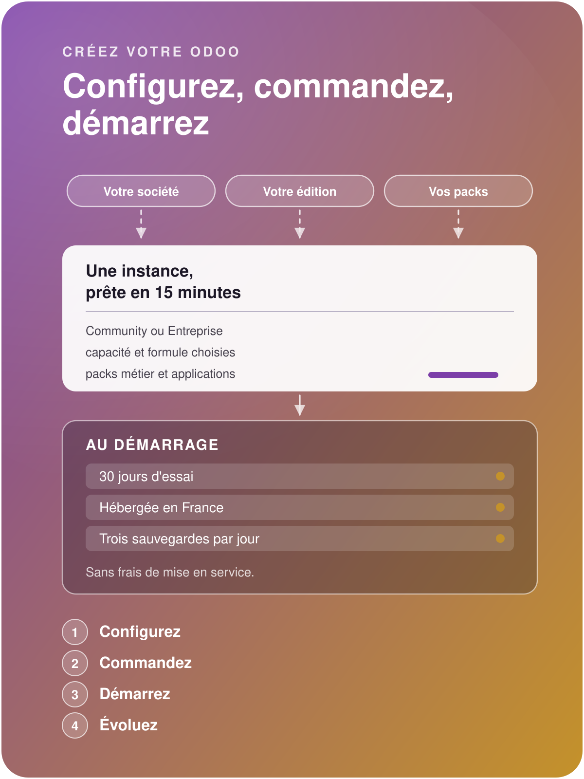 Your company, your edition and your packs enter the sign-up funnel, which returns an Odoo instance ready in fifteen minutes, with a thirty-day trial, hosted in France and backed up three times a day